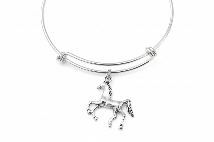 Silver plated horse charm bracelet with detailed galloping horse charm on expandable adjustable bangle, equestrian jewelry gift for horse lovers, one size fits all, handmade in USA