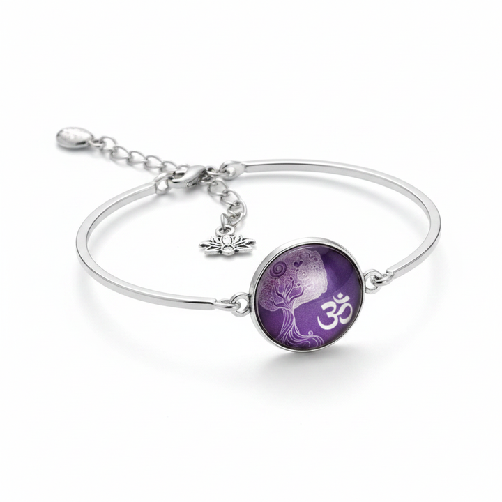 Purple Tree of Life and Om symbol glass dome silver cuff bracelet with lotus charm on white background – spiritual jewelry by Jules Obsession