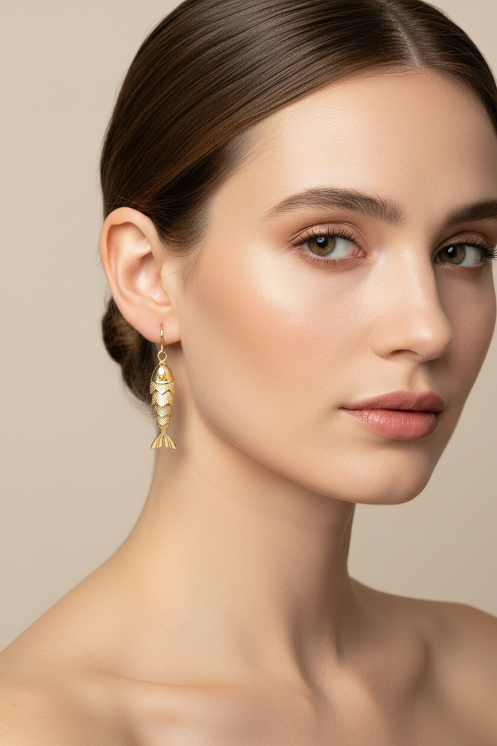 Model wearing gold articulated koi fish lever-back drop earrings with amber crystal eyes, shown in a close-up lifestyle shot with hair pulled back to showcase the earring detail
