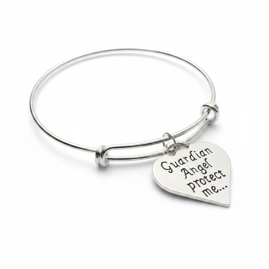 Reverse side of Guardian Angel silver heart charm bracelet engraved with Guardian Angel protect me on white background - Jules Obsession