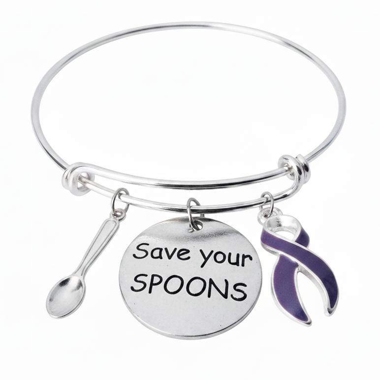 Silver expandable bangle bracelet with spoon charm, Save Your Spoons engraved disc charm, and purple enamel awareness ribbon charm on white background - Jules Obsession