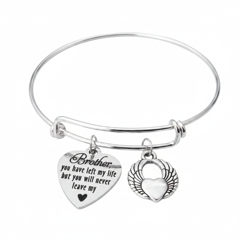 Silver expandable bangle bracelet with angel wings heart locket charm and Brother engraved heart charm – professional white background jewelry photo