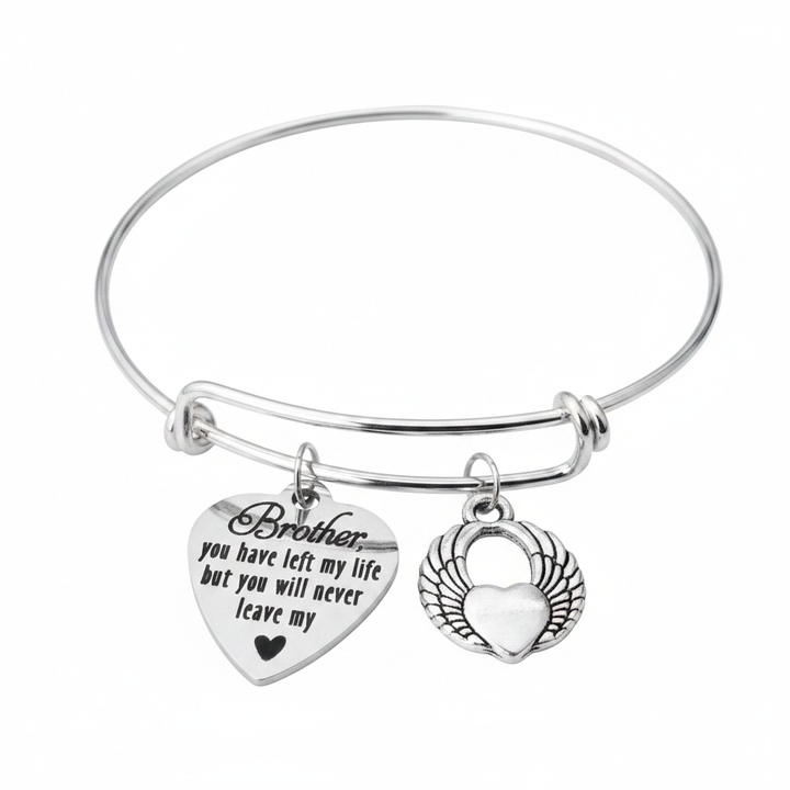 Silver expandable bangle bracelet with angel wings heart locket charm and Brother engraved heart charm – professional white background jewelry photo