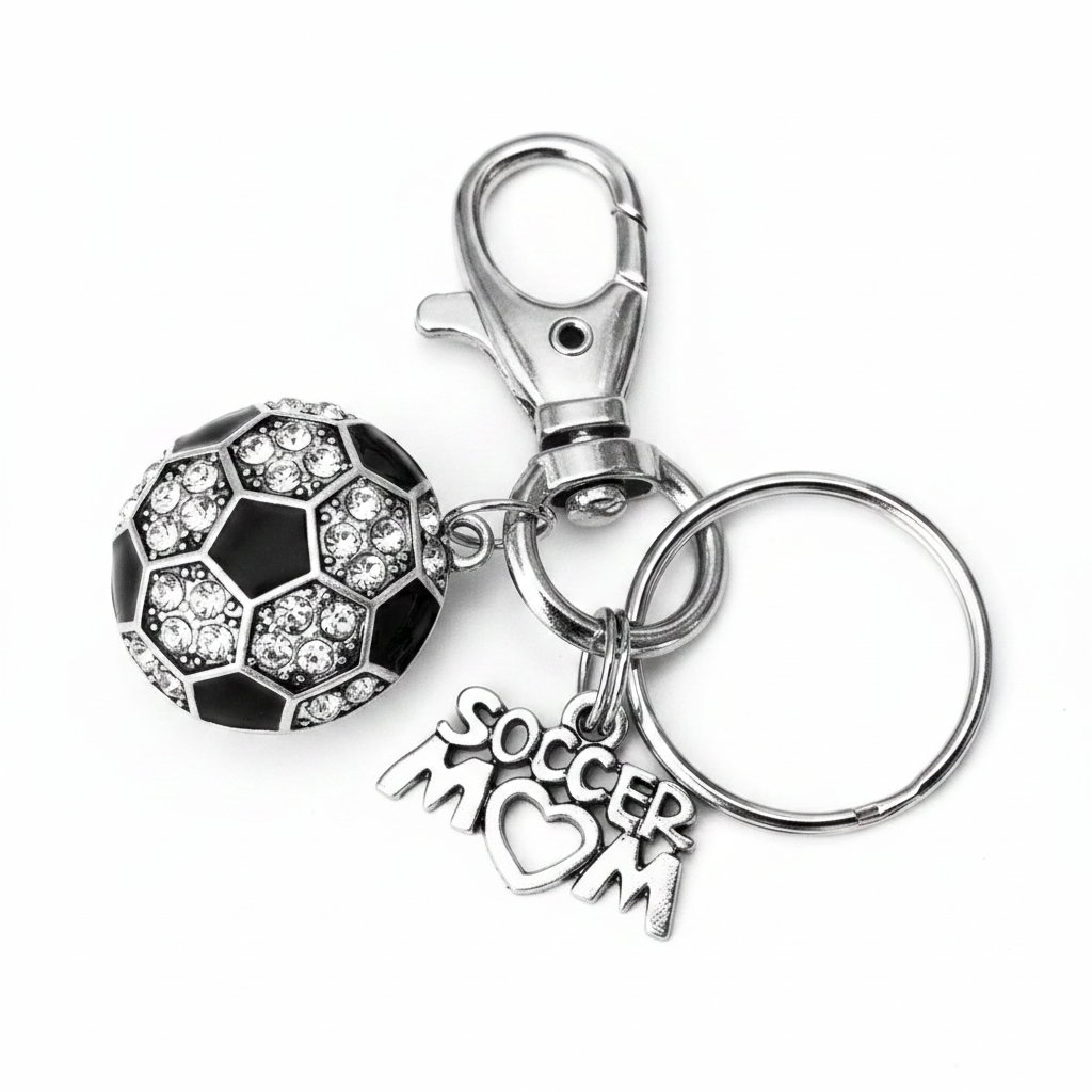 Crystal rhinestone soccer ball keychain with Soccer Mom charm tag and silver lobster clasp key ring on white background