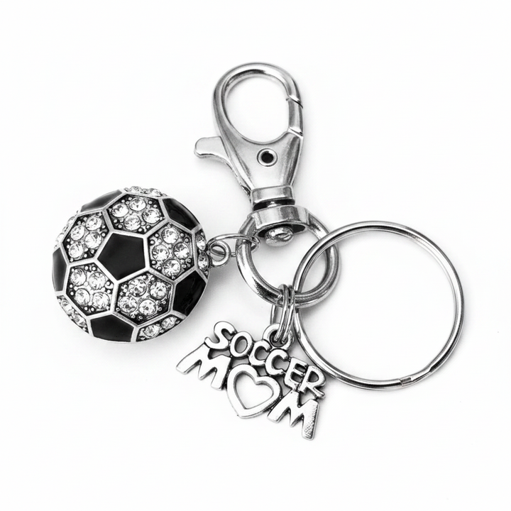 Crystal rhinestone soccer ball keychain with Soccer Mom charm tag and silver lobster clasp key ring on white background