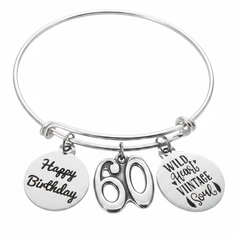 Silver expandable bangle bracelet with Happy Birthday round charm, silver 60 number charm, and Wild Heart Vintage Soul round charm — handmade by Jules Obsession