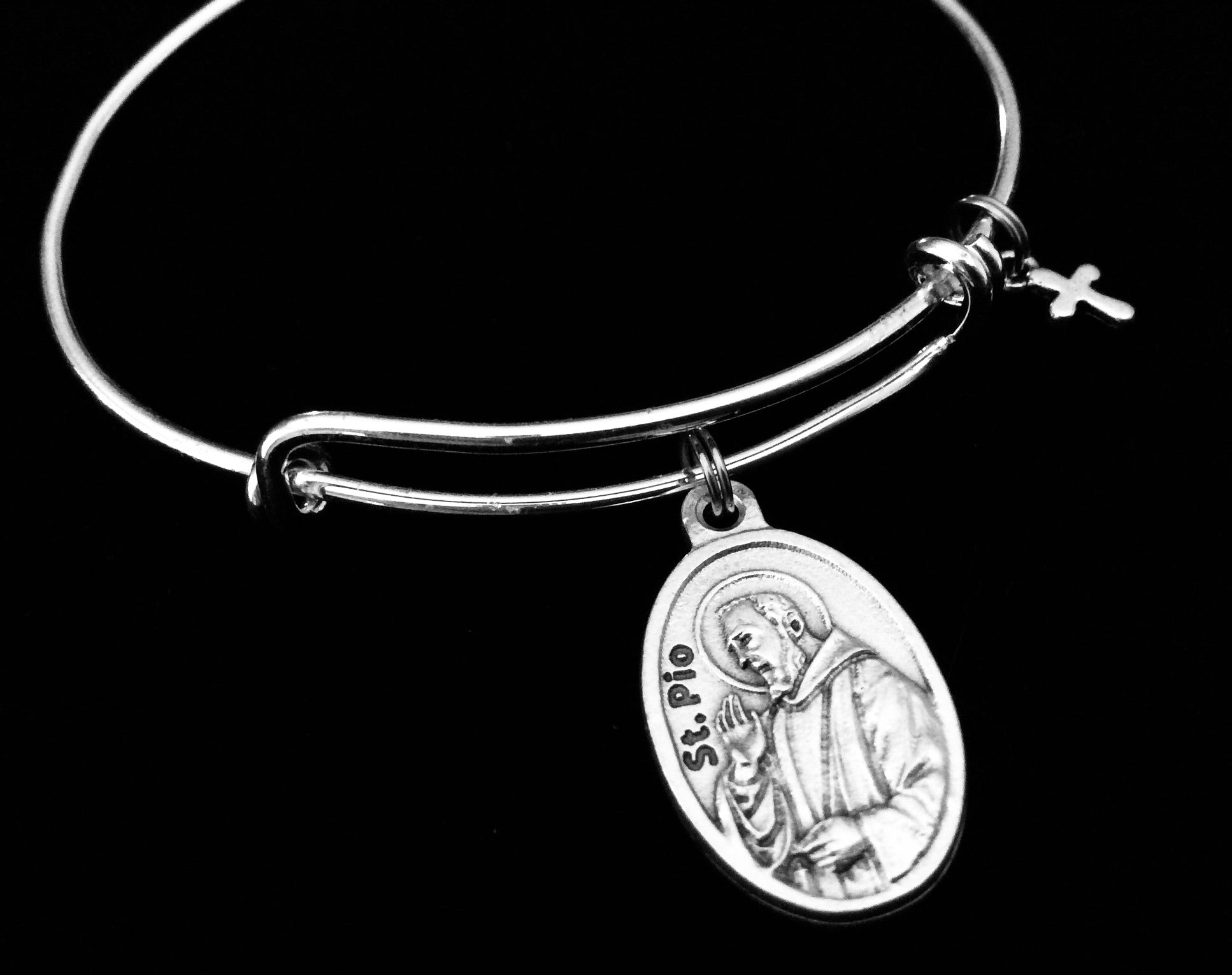 Patron Saint of Healing Saint Pio Rare Relic Medal Silver Expandable Bracelet Double Sided Catholic Adjustable Wire Bangle Stacking Trendy