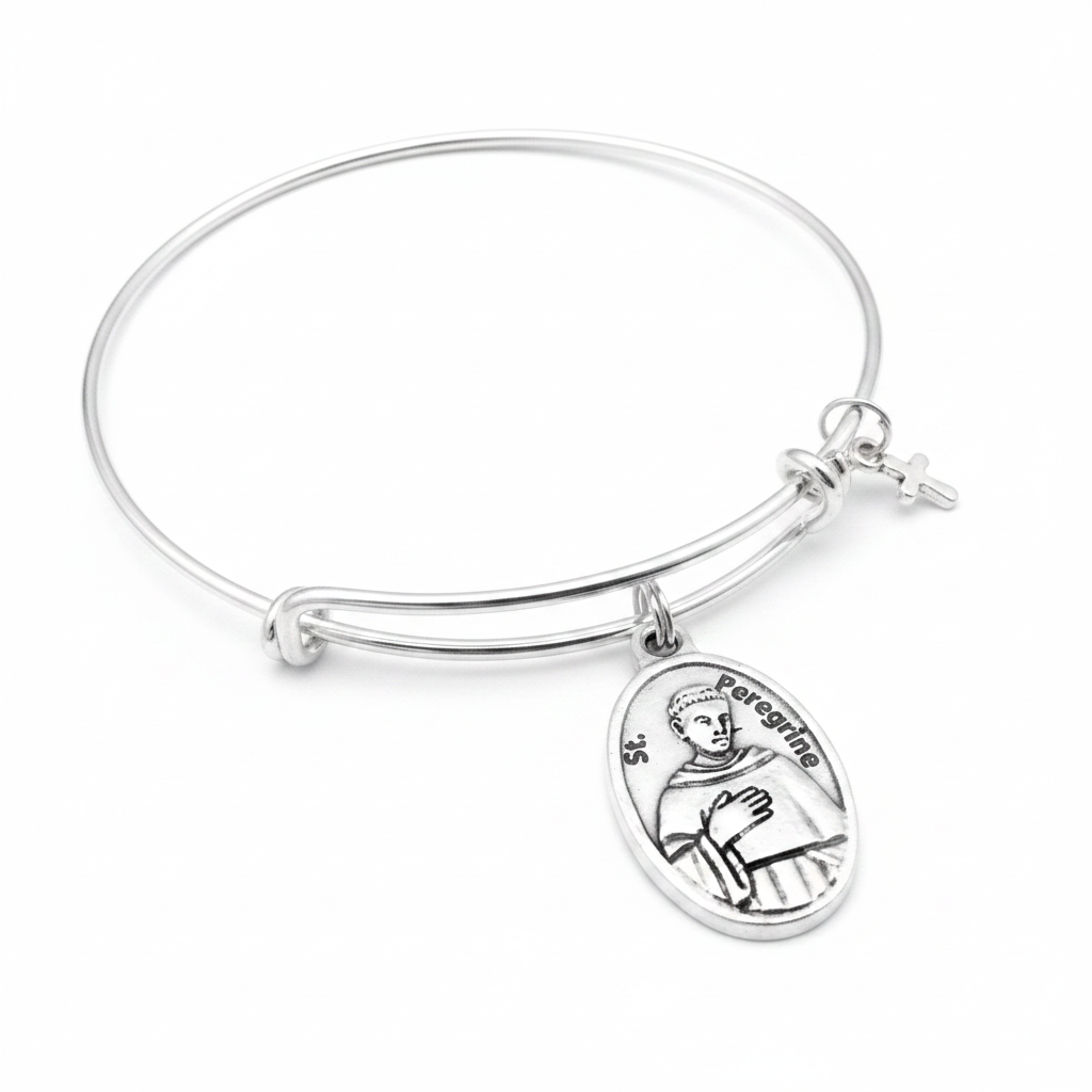 St. Peregrine relic medal silver expandable charm bracelet on white studio background — Catholic cancer saint gift