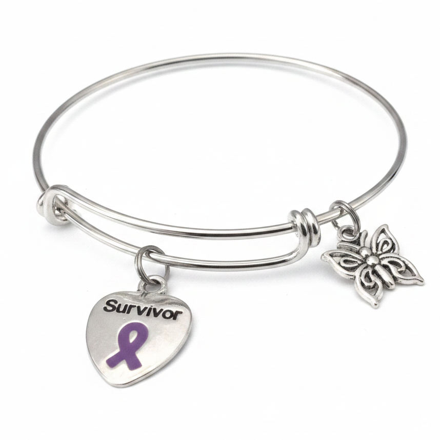 Silver expandable purple awareness survivor bracelet with heart Survivor charm and butterfly charm on white background - Jules Obsession