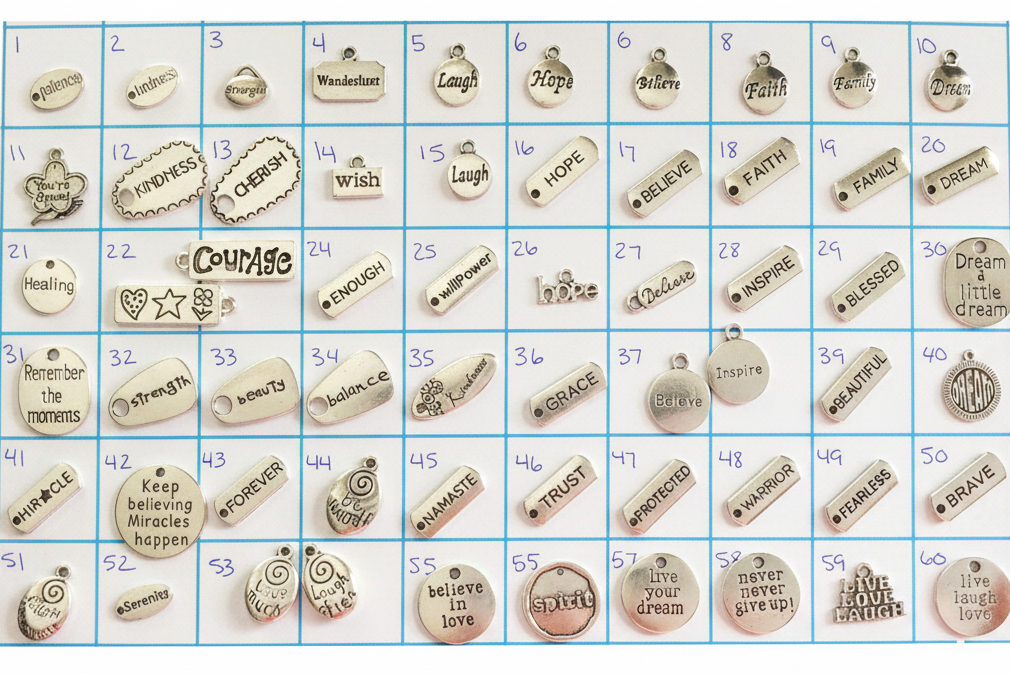 Chart of 70 silver-plated inspirational word charms numbered 1 through 70 including hope, faith, courage, brave, grace, healing, believe and more – add-on charm options for Jules Obsession expandable bangles