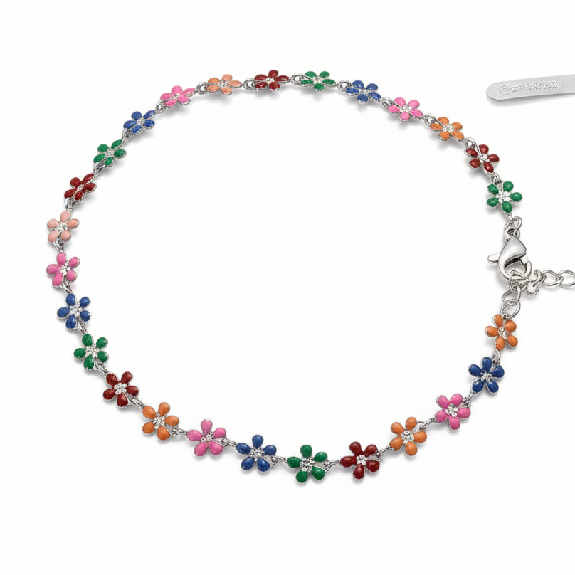 Multicolor rainbow enamel daisy flower chain bracelet with silver lobster clasp by Jules Obsession