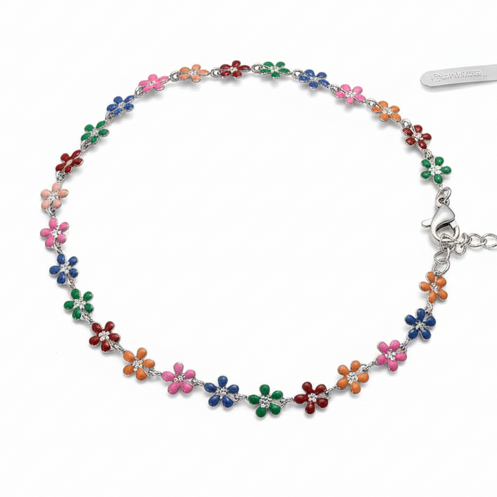 Multicolor rainbow enamel daisy flower chain bracelet with silver lobster clasp by Jules Obsession