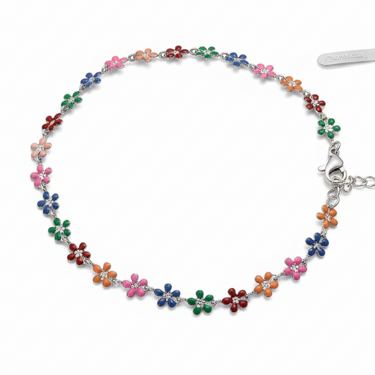 Multicolor rainbow enamel daisy flower chain bracelet with silver lobster clasp by Jules Obsession