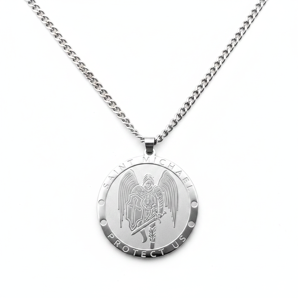 Saint Michael Protect Us round stainless steel archangel medal pendant necklace on silver curb chain, white background