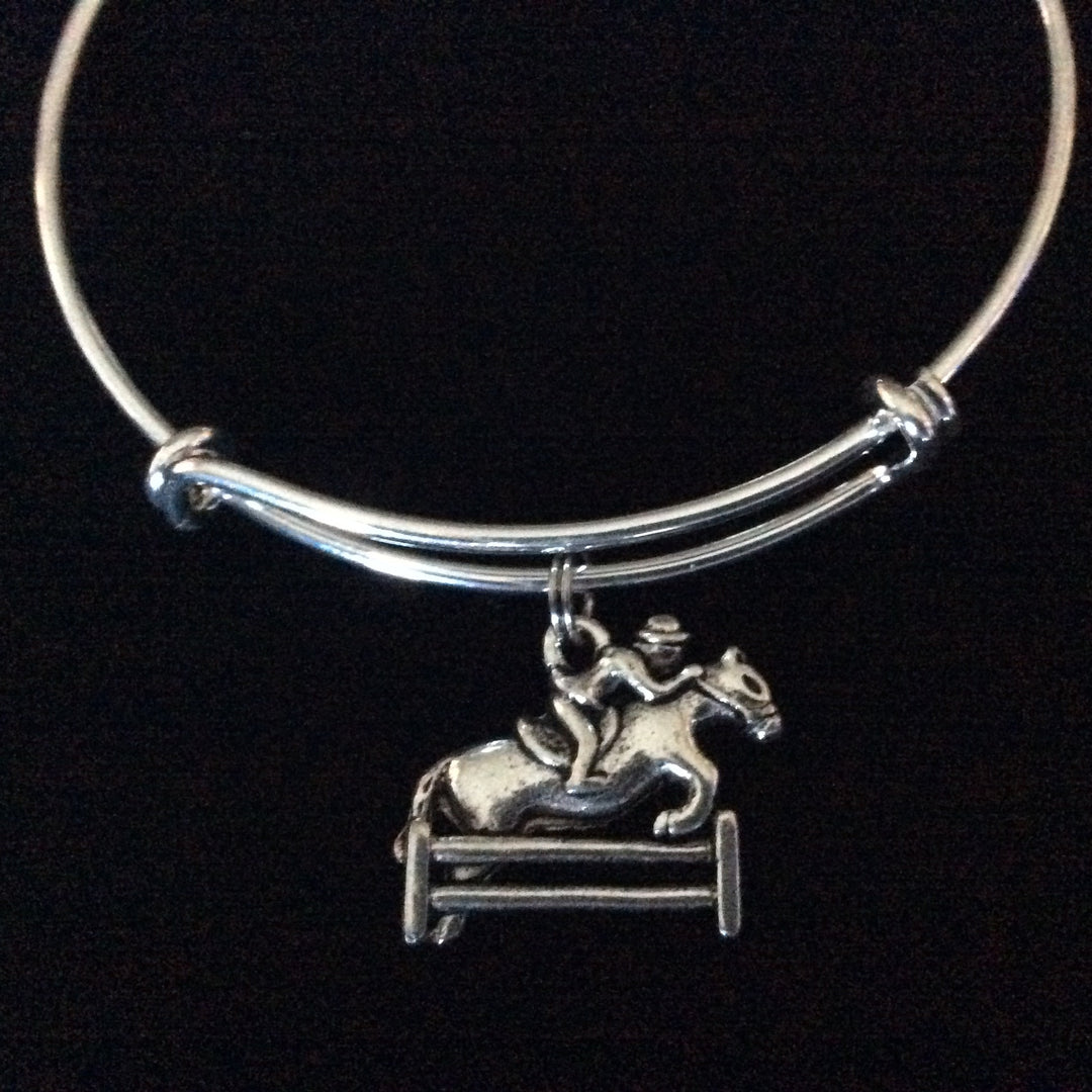 Equestrian Horse Bracelet – Silver Expandable Bangle with Horse &amp; Rider Charm – Gift for Jockeys &amp; Horse Lovers