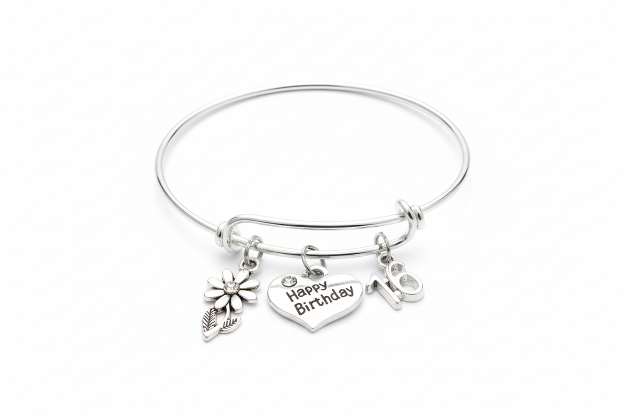 Sweet 16 birthday charm bracelet with Happy Birthday heart flower and number 16 charms on bright silver expandable bangle