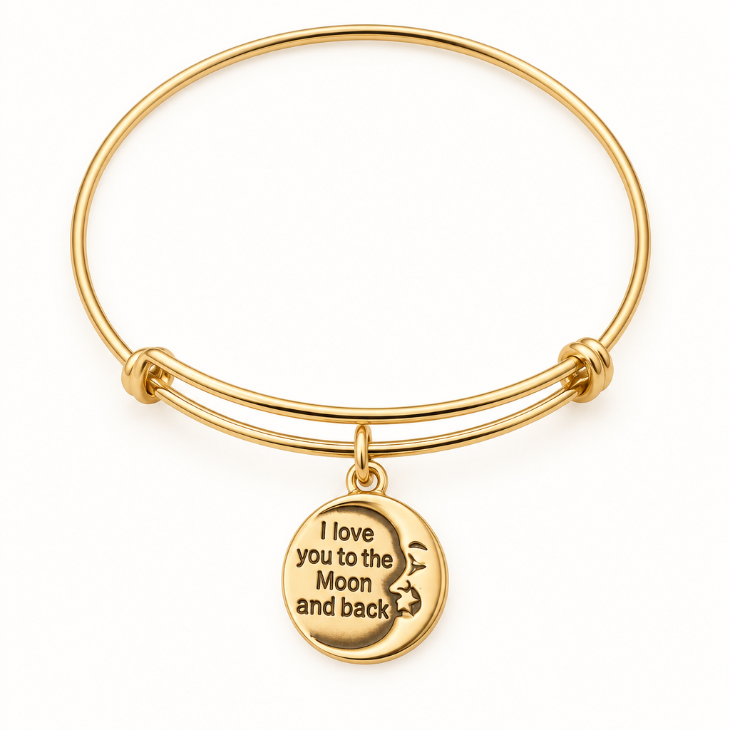 Gold bangle bracelet with a moon-shaped charm engraved "I love you to the Moon and back", shown on a warm-white studio background
