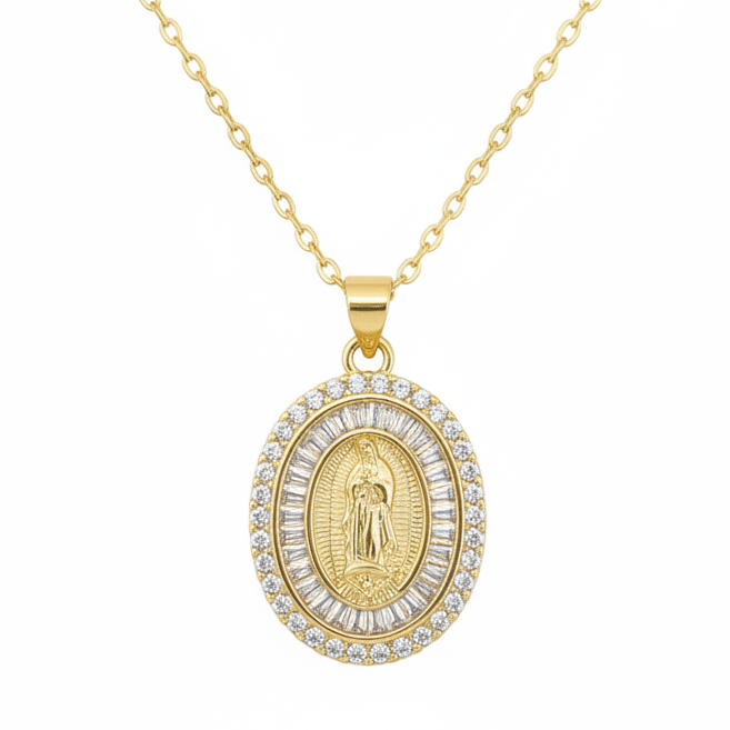 Gold-tone Lady of Guadalupe oval pendant necklace with double halo of baguette and round cubic zirconia crystals on delicate cable chain, white studio background