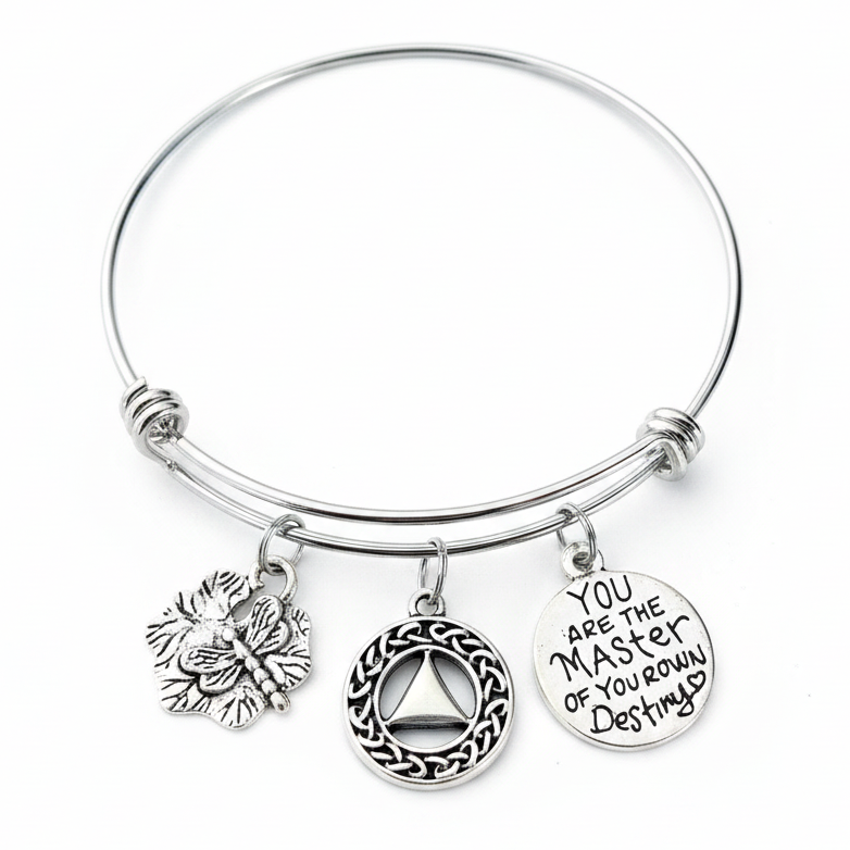 Silver expandable wire bangle bracelet with three charms: a butterfly-on-flower charm, a Celtic knot circle charm with a center triangle, and a round disc engraved "You Are the Master of Your Own Destiny" with a small heart, shown on a white studio background.