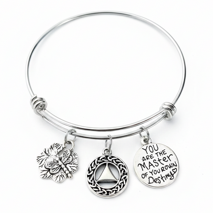 Silver expandable wire bangle bracelet with three charms: a butterfly-on-flower charm, a Celtic knot circle charm with a center triangle, and a round disc engraved "You Are the Master of Your Own Destiny" with a small heart, shown on a white studio background.