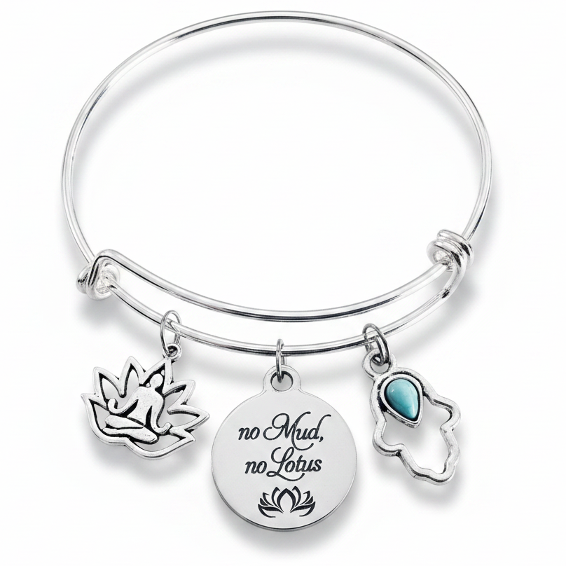 Silver-plated No Mud No Lotus charm bracelet with Hamsa Hand turquoise stone, lotus Buddha, and engraved disc charms on expandable bangle