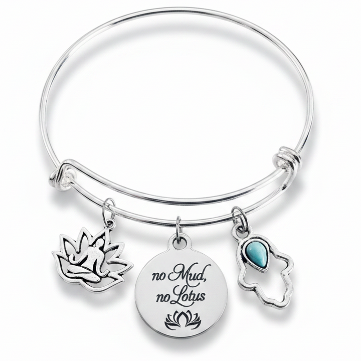 Silver-plated No Mud No Lotus charm bracelet with Hamsa Hand turquoise stone, lotus Buddha, and engraved disc charms on expandable bangle