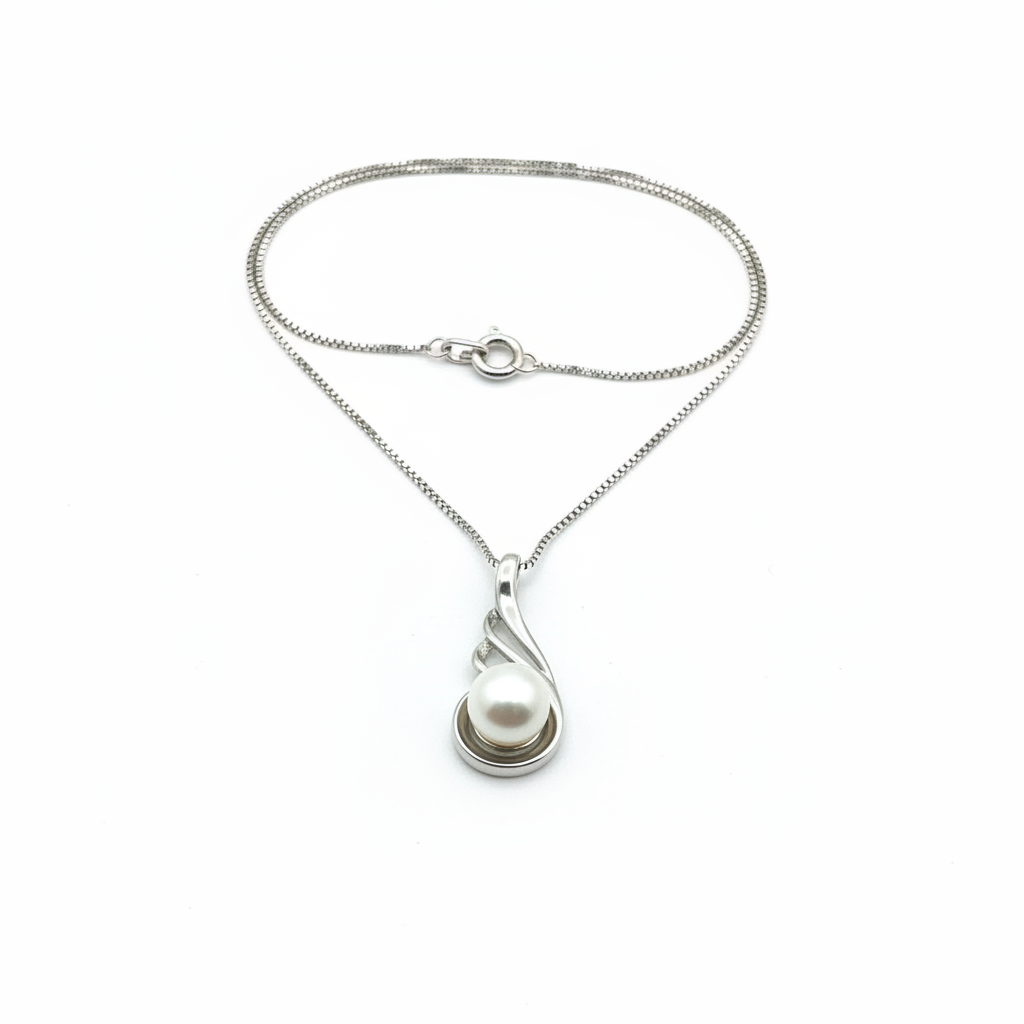 8mm pearl pendant necklace in 925 sterling silver with 18 inch box chain, elegant curved teardrop design