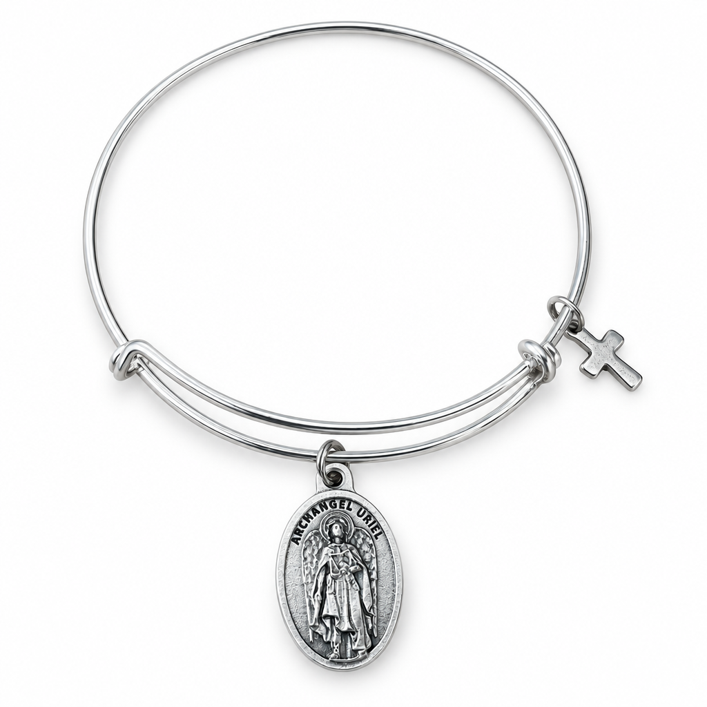 Silver-tone Archangel Uriel expandable bangle with a detailed oval medal and small cross charm on a white background.