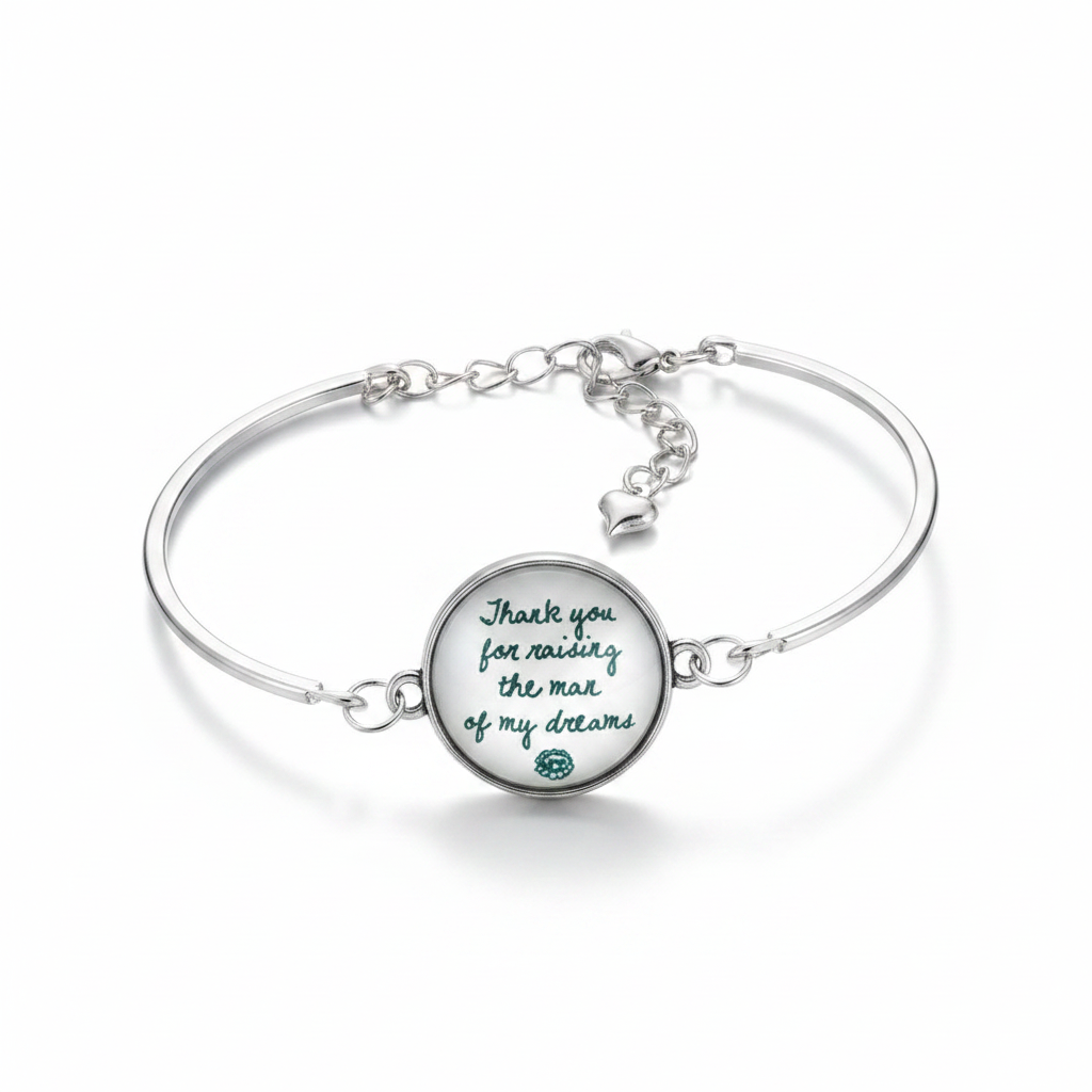 Thank You for Raising the Man of My Dreams silver glass dome bracelet on white background – mother of the groom wedding gift by Jules Obsession