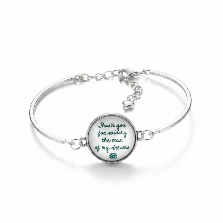 Thank You for Raising the Man of My Dreams silver glass dome bracelet on white background – mother of the groom wedding gift by Jules Obsession