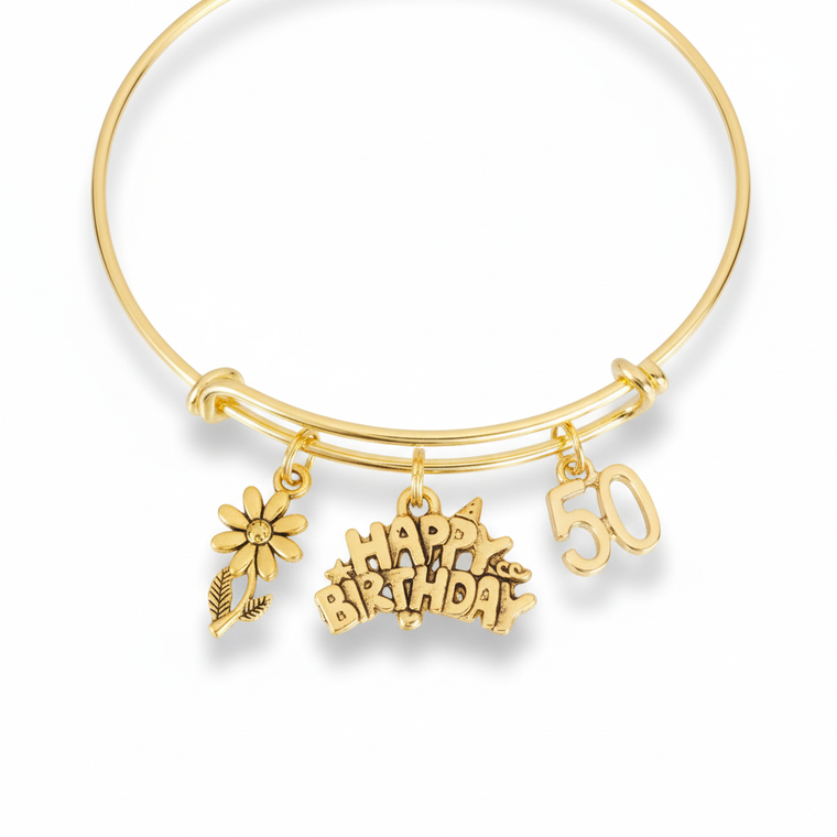 Gold expandable charm bangle bracelet with Happy Birthday and 50 charms