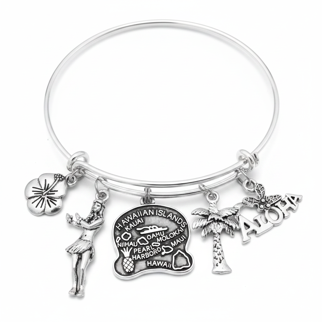 Silver expandable bangle bracelet with hibiscus flower, hula dancer, Hawaiian Islands map disc, palm tree, and Aloha word charms on white background – Hawaii jewelry by Jules Obsession