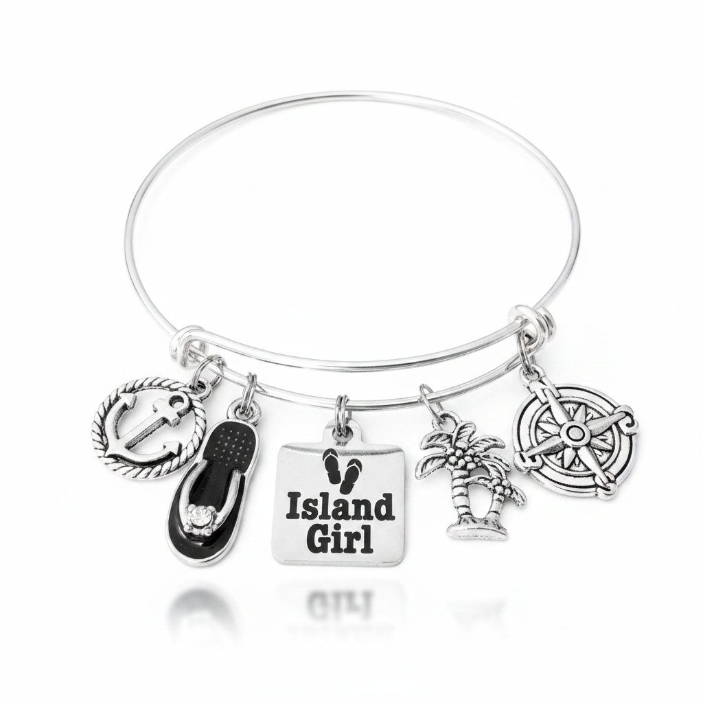 Island Girl silver expandable bangle bracelet with anchor, flip flop, palm tree, and compass charms on pure white background — beach jewelry gift for her