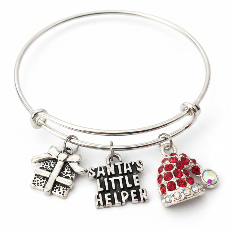 Silver expandable bangle with gift box, Santa's Little Helper, and red crystal Santa hat charms