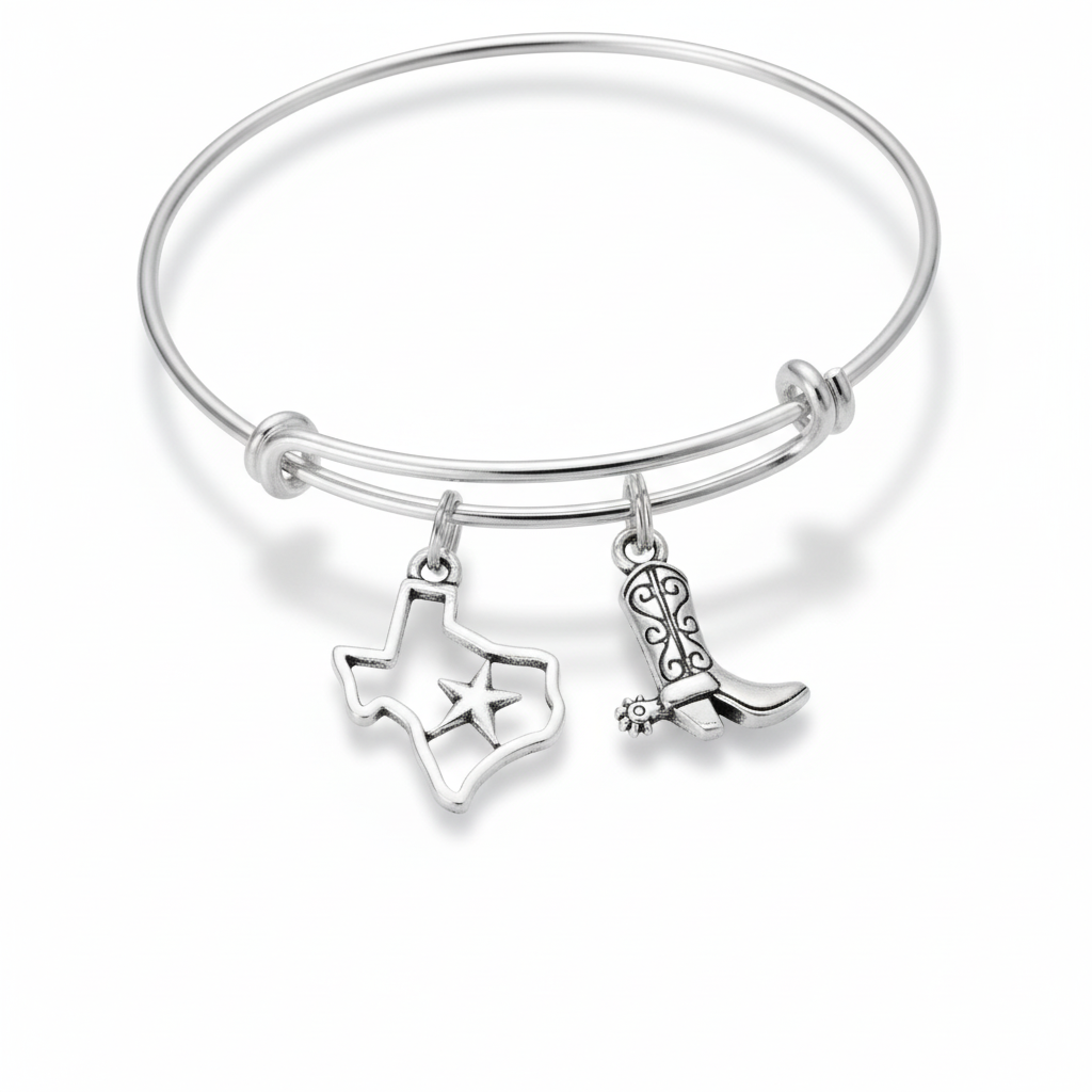 Texas charm bracelet with lone star state outline and cowboy boot charms on silver expandable bangle by Jules Obsession