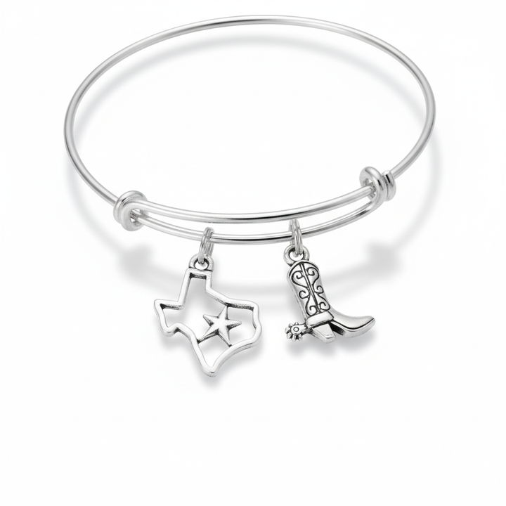 Texas charm bracelet with lone star state outline and cowboy boot charms on silver expandable bangle by Jules Obsession