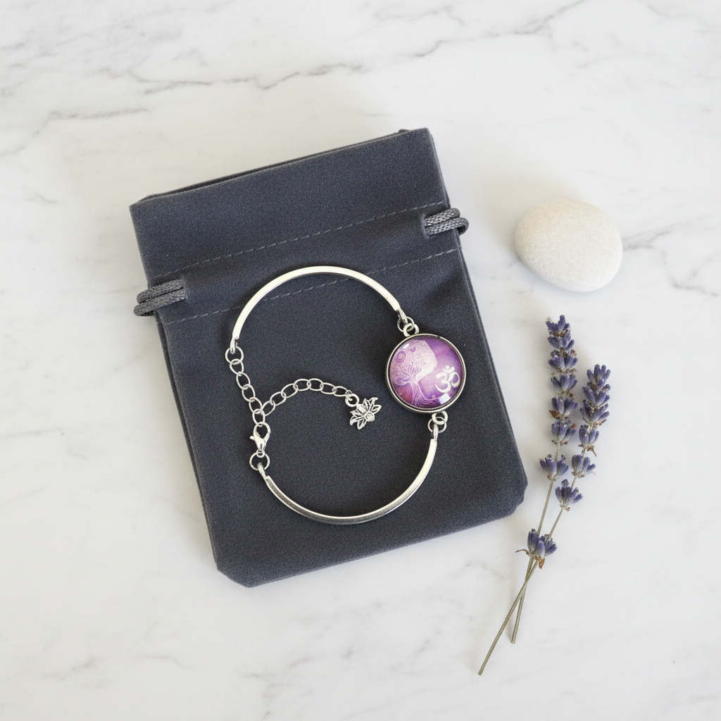 Purple Tree of Life Om bracelet gift-ready in dark velvet jewelry pouch – spiritual yoga gift by Jules Obsession