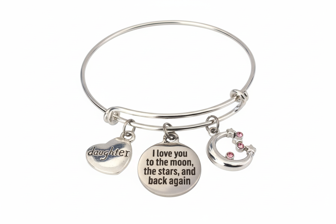 Daughter charm bracelet I love you to the moon the stars and back again with heart charm moon and pink crystal stars on bright silver expandable bangle