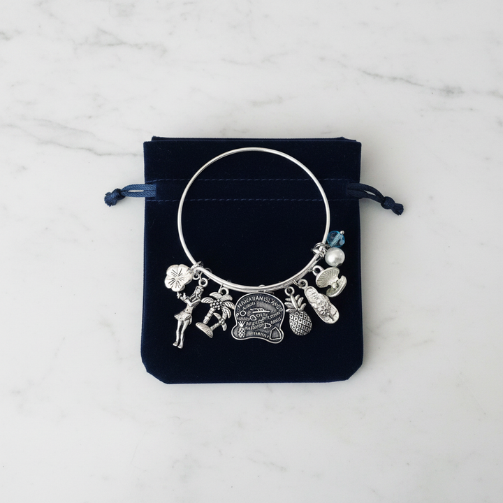 Hawaii deluxe silver charm bangle bracelet with hibiscus, hula dancer, palm tree, pineapple, flip flop, and island charms gift-ready in dark velvet jewelry pouch – Hawaii gift by Jules Obsession
