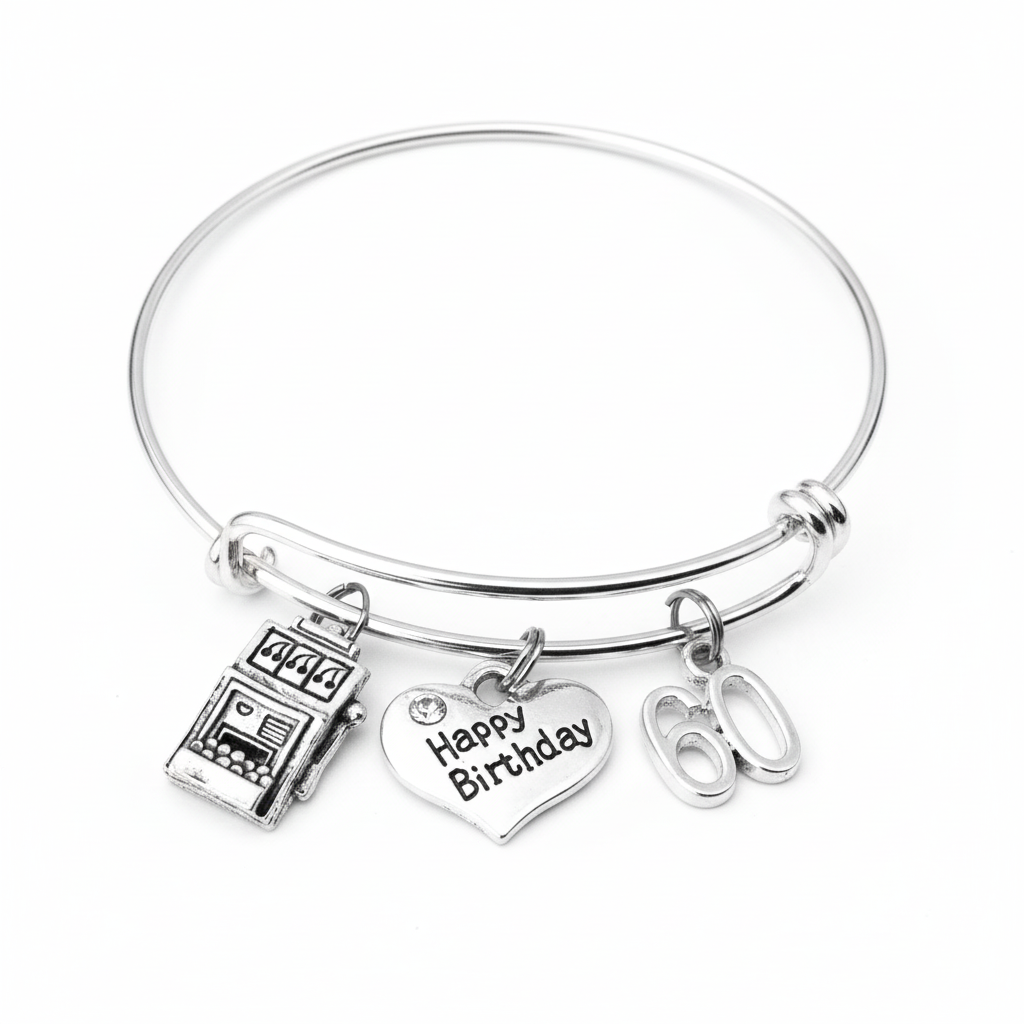 Silver expandable 60th birthday charm bracelet with slot machine charm, Happy Birthday heart charm with crystal accent, and 60 number charm on white background