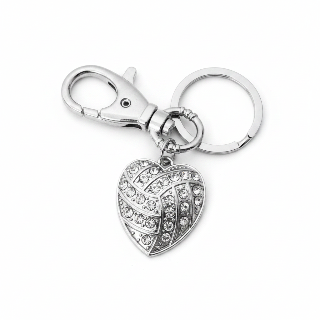 Crystal rhinestone heart-shaped volleyball keychain with silver lobster clasp and split key ring on white background