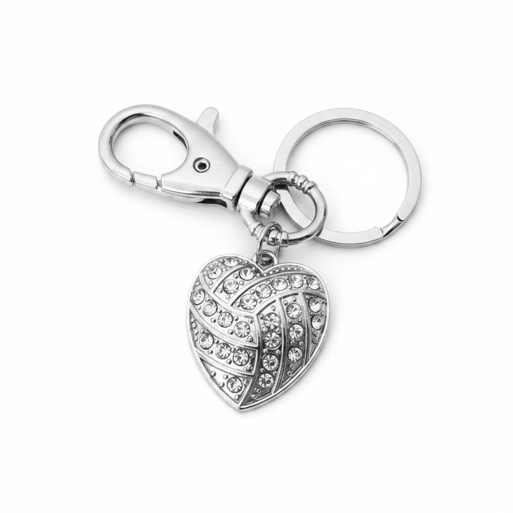 Crystal rhinestone heart-shaped volleyball keychain with silver lobster clasp and split key ring on white background