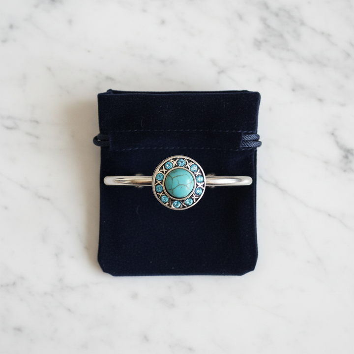 Turquoise aqua crystal snap cuff bracelet gift-ready in dark velvet jewelry pouch – boho gift by Jules Obsession