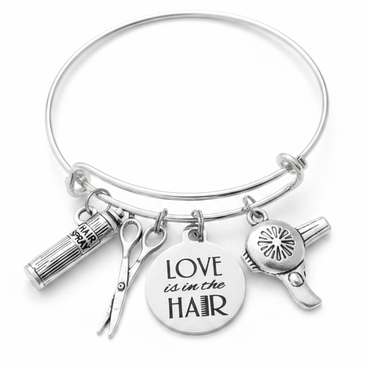 Silver expandable charm bracelet with Love is in the Hair disc, scissors, hairspray and blow dryer charms – adjustable bangle gift for hair stylists and hairdressers by Jules Obsession