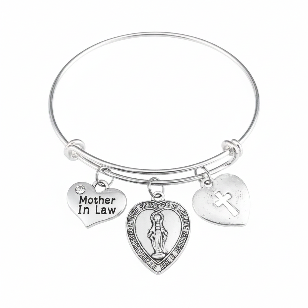 Mother in law gift miraculous medal charm bracelet with Virgin Mary and cross charms on adjustable silver bangle