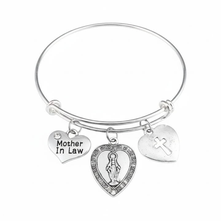 Mother in law gift miraculous medal charm bracelet with Virgin Mary and cross charms on adjustable silver bangle