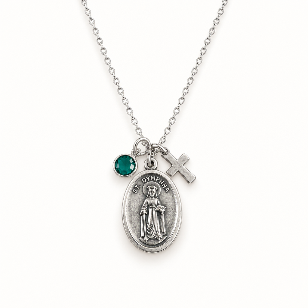 Saint Dymphna necklace with silver medal, cross charm, and crystal birthstone on a warm white studio background