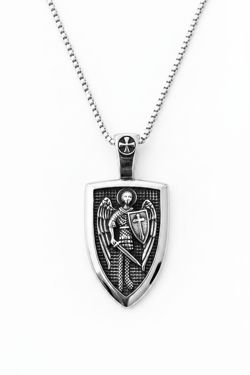 Silver stainless steel Saint Michael archangel shield pendant necklace with box chain and cross bail, studio photo on white background