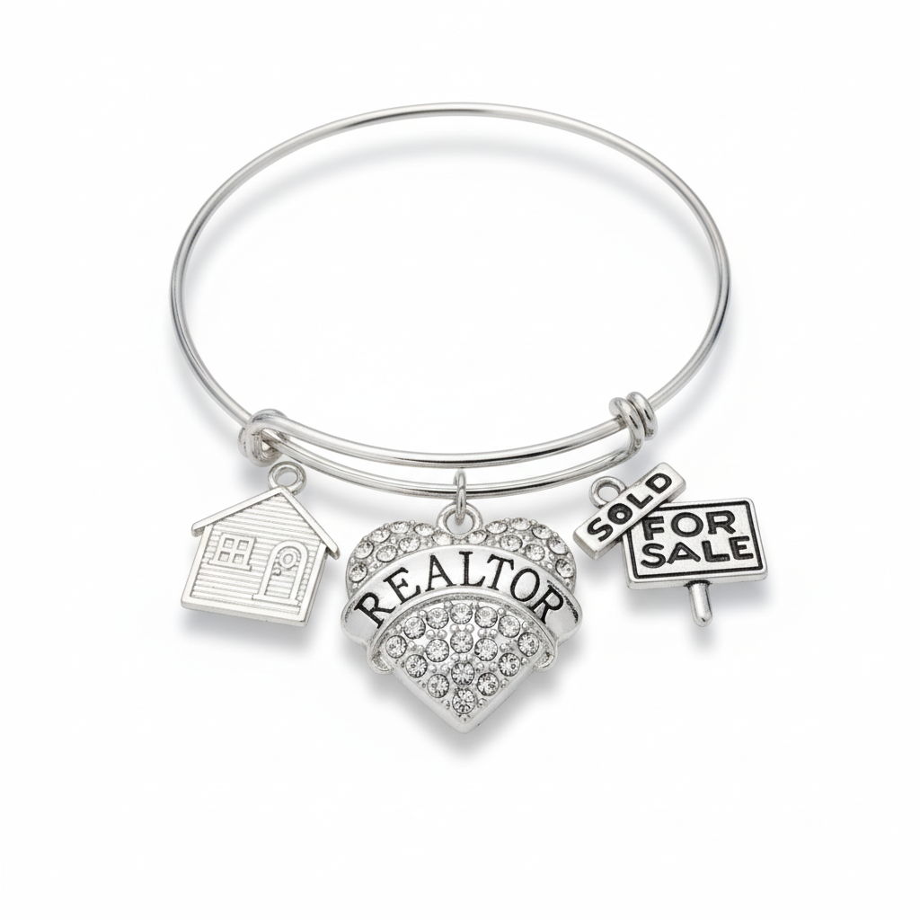 Realtor gift charm bangle bracelet with crystal REALTOR heart, silver house charm and For Sale Sold sign charm on expandable silver bangle by Jules Obsession