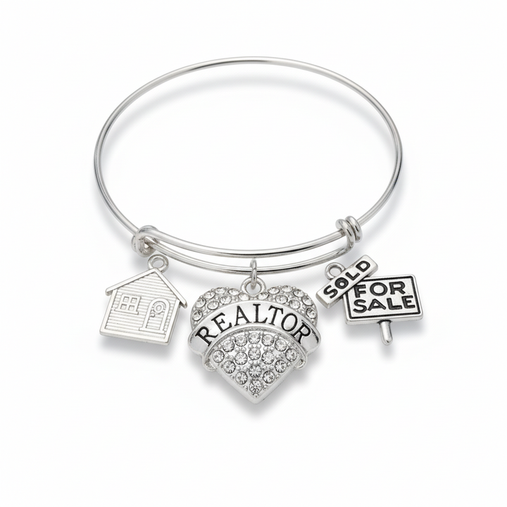 Realtor gift charm bangle bracelet with crystal REALTOR heart, silver house charm and For Sale Sold sign charm on expandable silver bangle by Jules Obsession